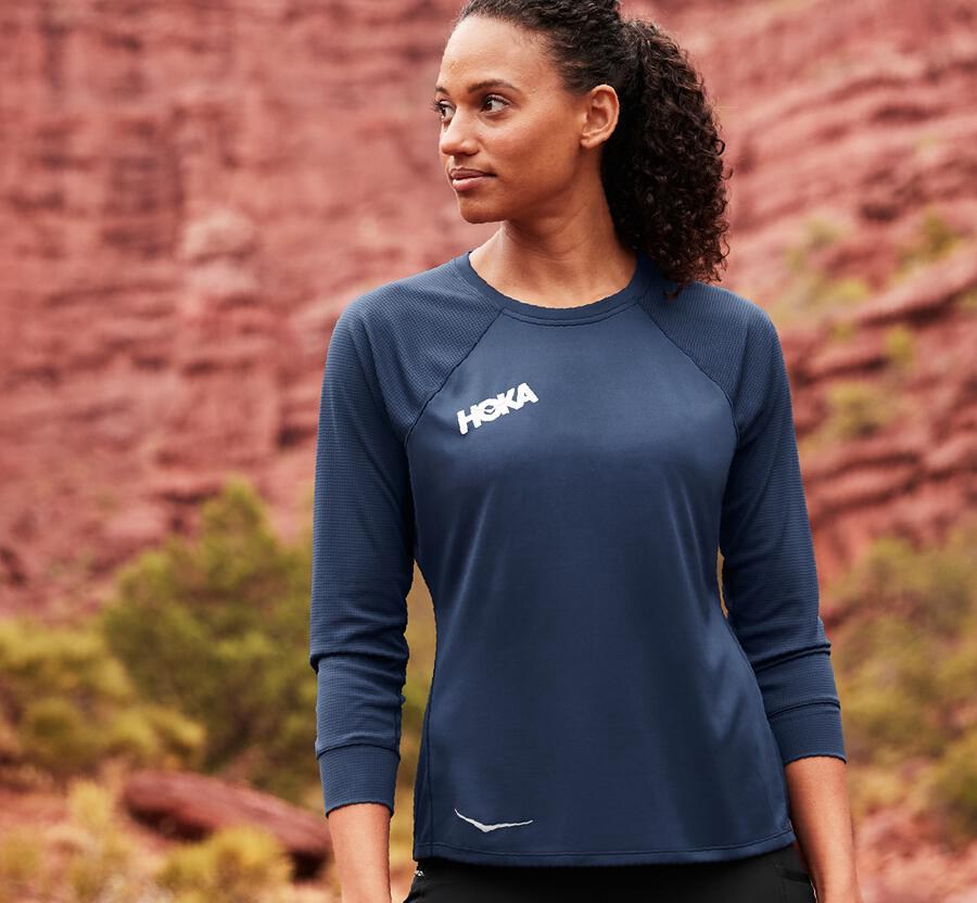 Hoka One One Womens Tops - Performance 3/4 Sleeve - Navy - PBZS93650
